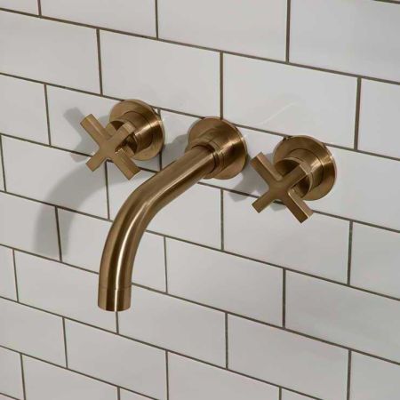 Bayor Wall Mounted 3 Hole Bath Filler - 220mm Spout - Crosshead - Brushed Brass