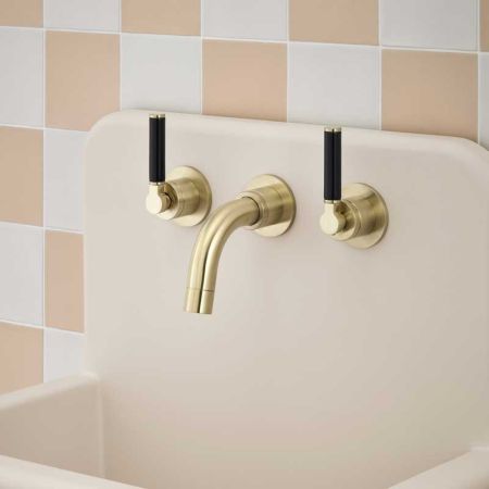 Senska - 3-Hole Basin Mixer Tap - Backsplash Basin Mounted - Black Lever - Brushed Brass