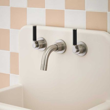 Senska - 3-Hole Basin Mixer Tap - Backsplash Basin Mounted - Black Lever - Brushed Nickel