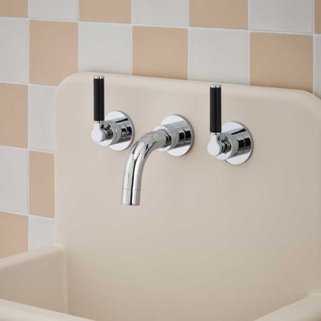 Senska - 3-Hole Basin Mixer Tap - Backsplash Basin Mounted - Black Lever - Chrome