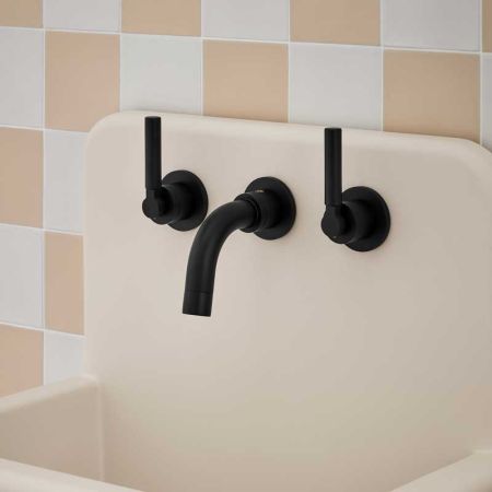 Senska - 3-Hole Basin Mixer Tap - Backsplash Basin Mounted - Metal Lever - Matt Black