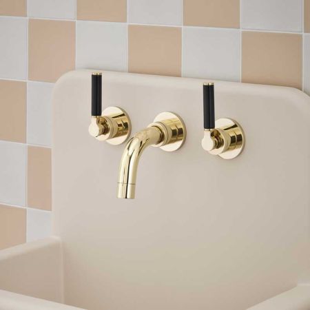 Senska - 3-Hole Basin Mixer Tap - Backsplash Basin Mounted - Black Lever - Polished Brass