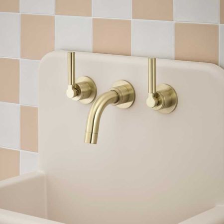 Senska - 3-Hole Basin Mixer Tap - Backsplash Basin Mounted - Metal Lever - Brushed Brass