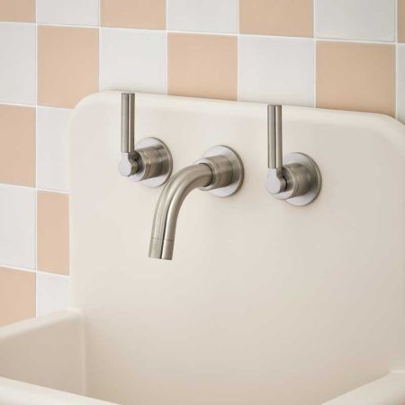 Senska - 3-Hole Basin Mixer Tap - Backsplash Basin Mounted - Metal Lever - Brushed Nickel