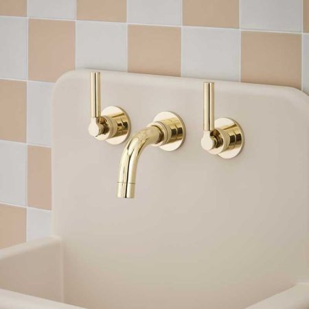 Senska - 3-Hole Basin Mixer Tap - Backsplash Basin Mounted - Metal Lever - Polished Brass
