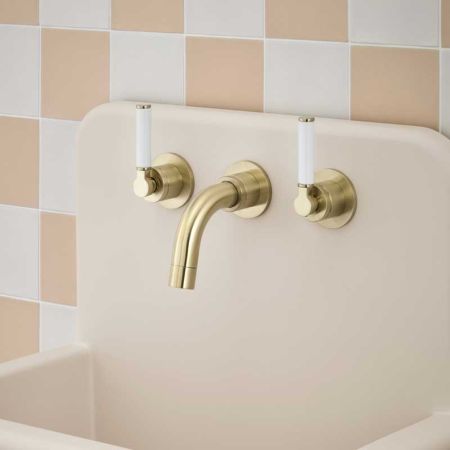 Senska - 3-Hole Basin Mixer Tap - Backsplash Basin Mounted - White Lever - Brushed Brass