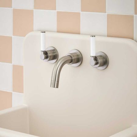 Senska - 3-Hole Basin Mixer Tap - Backsplash Basin Mounted - White Lever - Brushed Nickel