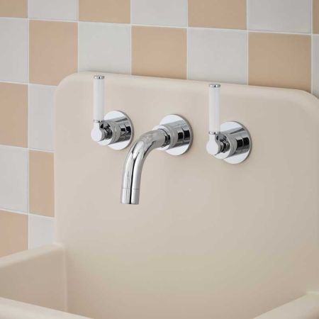 Senska - 3-Hole Basin Mixer Tap - Backsplash Basin Mounted - White Lever - Chrome