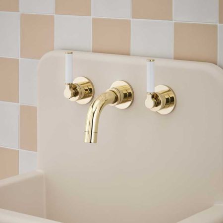 Senska - 3-Hole Basin Mixer Tap - Backsplash Basin Mounted - White Lever - Polished Brass