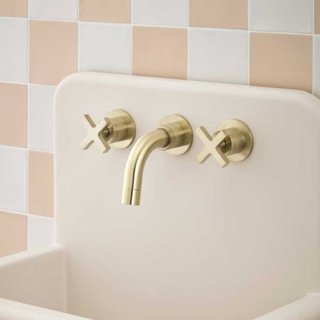 Bayor - 3-Hole Basin Mixer Tap - Backsplash Basin Mounted - Crosshead - Brushed Brass