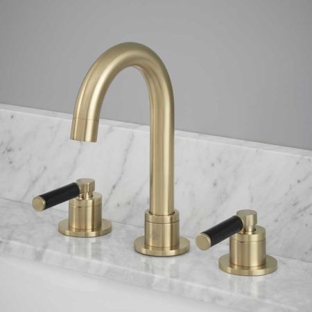 Senska - 3-Hole Basin Mixer - Deck Mounted - Black Lever - Brushed Brass