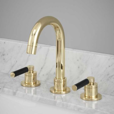 Senska - 3-Hole Basin Mixer - Deck Mounted - Black Lever - Polished Brass