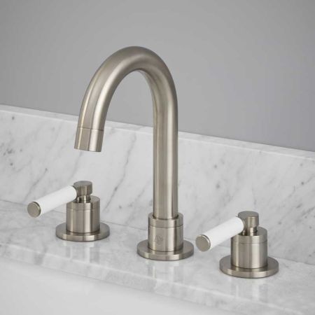 Senska - 3-Hole Basin Mixer - Deck Mounted - White Lever - Brushed Nickel