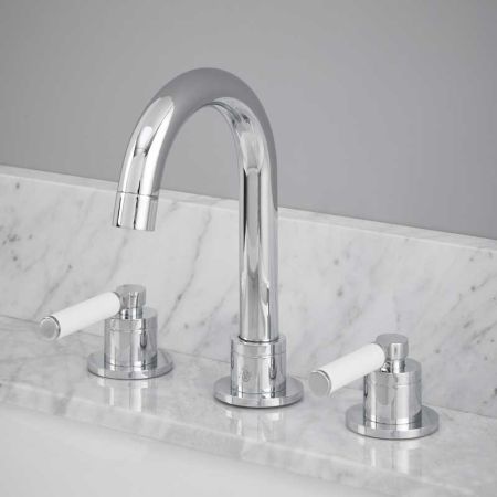 Senska - 3-Hole Basin Mixer - Deck Mounted - White Lever - Chrome
