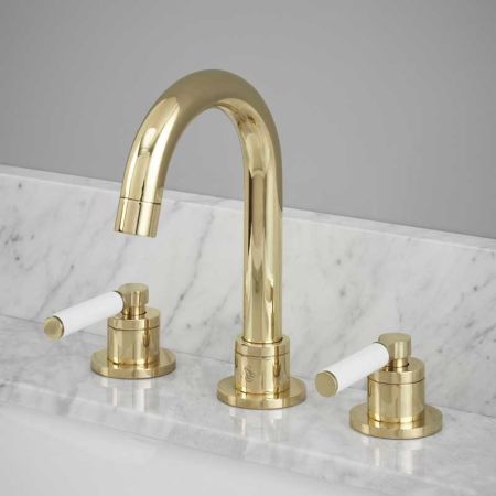 Senska - 3-Hole Basin Mixer - Deck Mounted - White Lever - Polished Brass