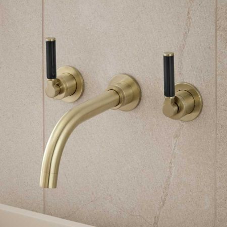 Senska - 3-Hole Basin Mixer - Wall Mounted - Black Lever - Brushed Brass