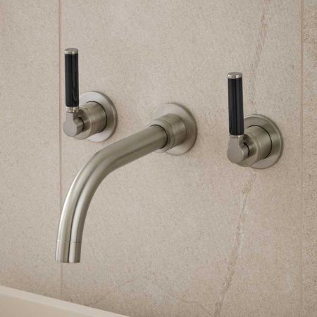 Senska - 3-Hole Basin Mixer - Wall Mounted - Black Lever - Brushed Nickel