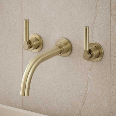 Senska - 3-Hole Basin Mixer - Wall Mounted - Metal Lever - Brushed Brass