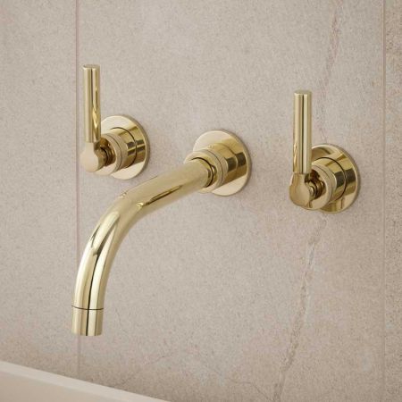 Senska - 3-Hole Basin Mixer - Wall Mounted - Metal Lever - Polished Brass