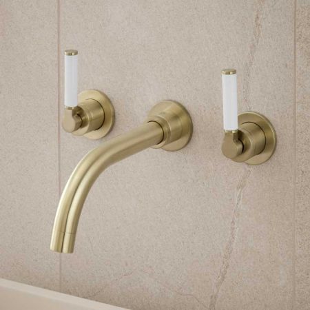 Senska - 3-Hole Basin Mixer - Wall Mounted - White Lever - Brushed Brass