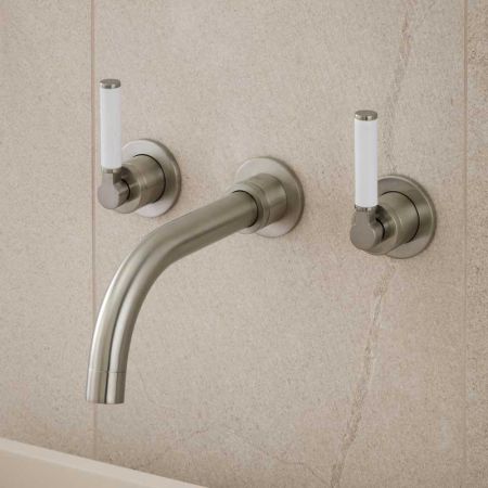 Senska - 3-Hole Basin Mixer - Wall Mounted - White Lever - Brushed Nickel
