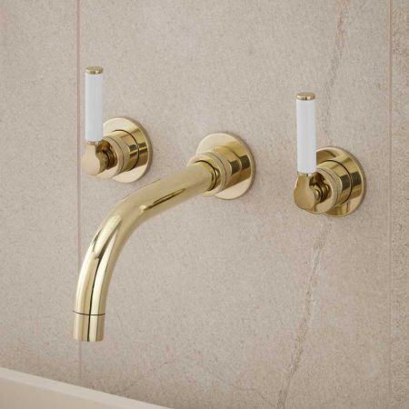 Senska - 3-Hole Basin Mixer - Wall Mounted - White Lever - Polished Brass