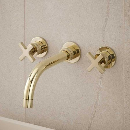 Bayor - 3-Hole Basin Mixer - Wall Mounted - Crosshead - Polished Brass