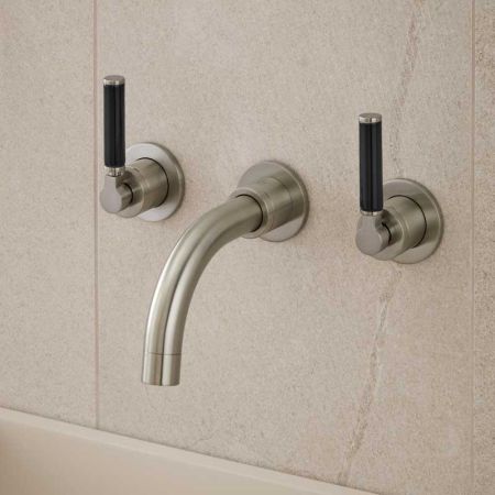 Senska - 3-Hole Basin Mixer - Wall Mounted - Black Lever - Short Spout - Brushed Nickel