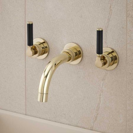 Senska - 3-Hole Basin Mixer - Wall Mounted - Black Lever - Short Spout - Polished Brass