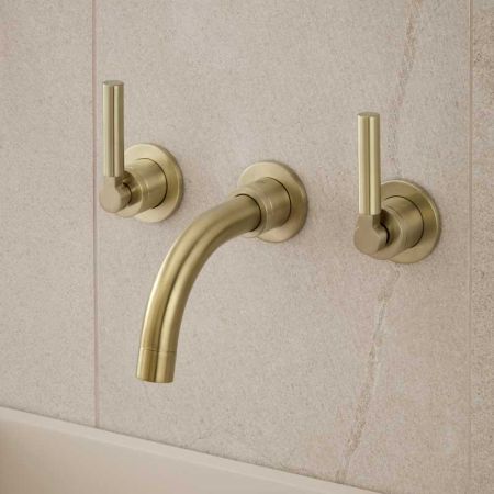Senska - 3-Hole Basin Mixer - Wall Mounted - Metal Lever - Short Spout - Brushed Brass
