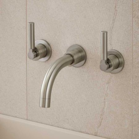 Senska - 3-Hole Basin Mixer - Wall Mounted - Metal Lever - Short Spout - Brushed Nickel