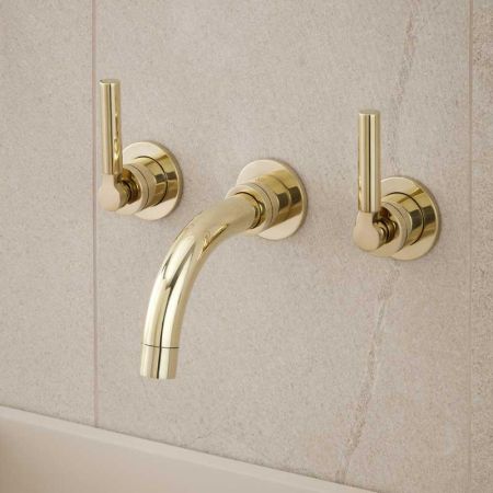 Senska - 3-Hole Basin Mixer - Wall Mounted - Metal Lever - Short Spout - Polished Brass