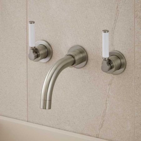 Senska - 3-Hole Basin Mixer - Wall Mounted - White Lever - Short Spout - Brushed Nickel