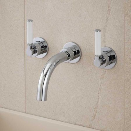 Senska - 3-Hole Basin Mixer - Wall Mounted - White Lever - Short Spout - Chrome Finish