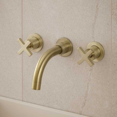 Bayor - 3-Hole Basin Mixer - Wall Mounted - Crosshead - Short Spout - Brushed Brass