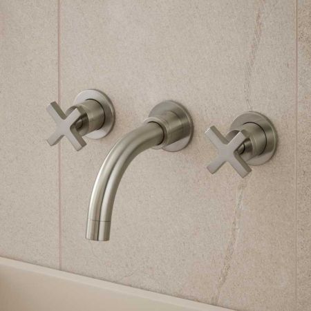 Bayor - 3-Hole Basin Mixer - Wall Mounted - Crosshead - Short Spout - Brushed Nickel