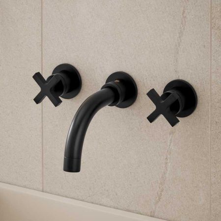 Bayor - 3-Hole Basin Mixer - Wall Mounted - Crosshead - Short Spout - Matt Black