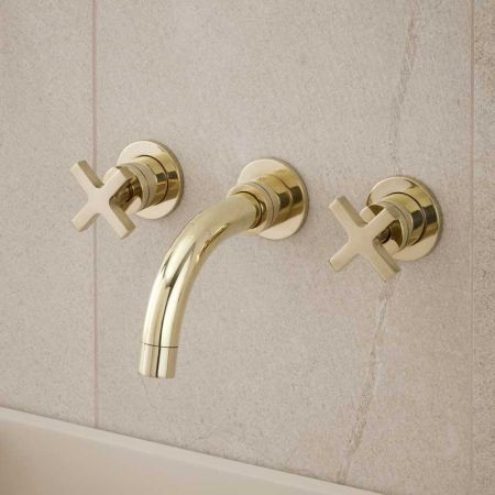 Bayor - 3-Hole Basin Mixer - Wall Mounted - Crosshead - Short Spout - Polished Brass