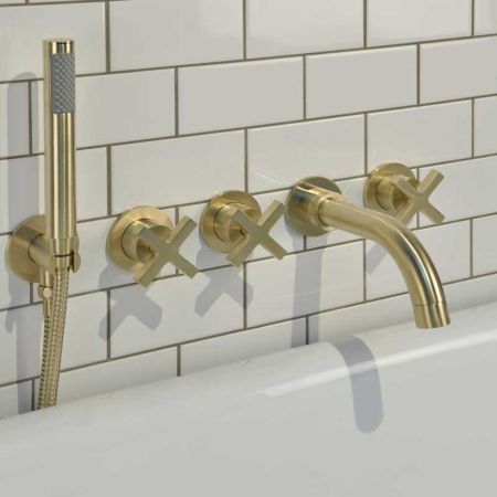 Bayor 5-Hole - Wall Mounted - Bath Shower Mixer - X Top - Brushed Brass