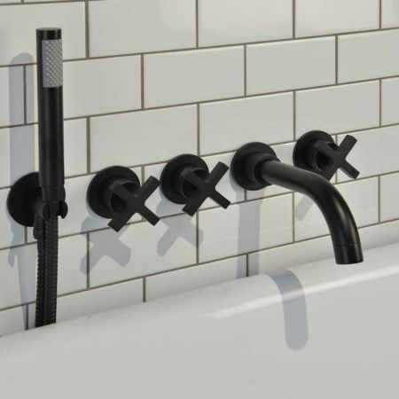 Bayor 5-Hole - Wall Mounted - Bath Shower Mixer - X Top - Matt Black
