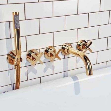Bayor 5-Hole - Wall Mounted - Bath Shower Mixer - X Top - Polished Brass