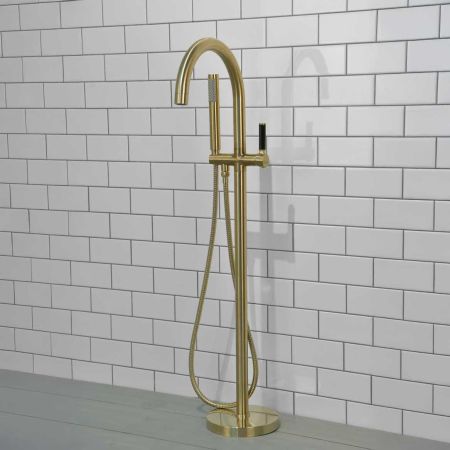 Senska - Bath Shower Mixer - Floor Mounted - Black Lever - Brushed Brass