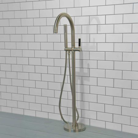 Senska - Bath Shower Mixer - Floor Mounted - Black Lever - Brushed Nickel