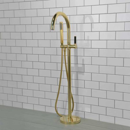 Senska - Bath Shower Mixer - Floor Mounted - Black Lever - Polished Brass