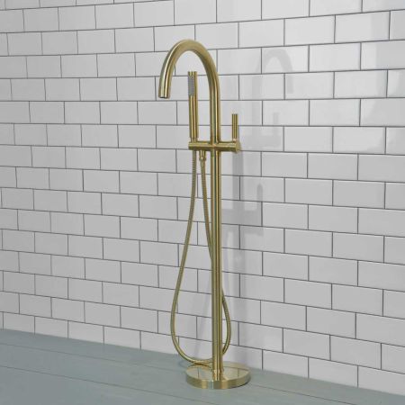 Senska - Bath Shower Mixer - Floor Mounted - Metal Lever - Brushed Brass