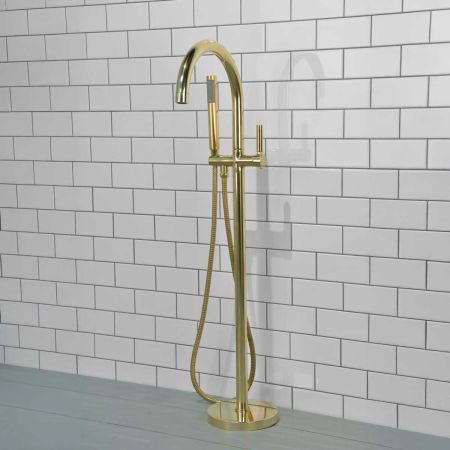 Senska - Bath Shower Mixer - Floor Mounted - Metal Lever - Polished Brass