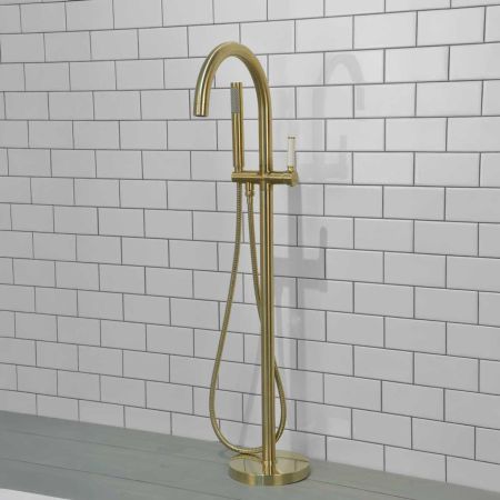 Senska - Bath Shower Mixer - Floor Mounted - White Lever - Brushed Brass
