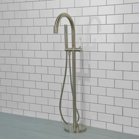 Senska - Bath Shower Mixer - Floor Mounted - White Lever - Brushed Nickel