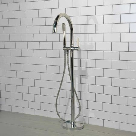 Senska - Bath Shower Mixer - Floor Mounted - White Lever - Chrome