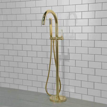 Senska - Bath Shower Mixer - Floor Mounted - White Lever - Polished Brass